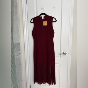 NWT Sandro Burgundy Sleeveless Knit Dress with Fringe Hem